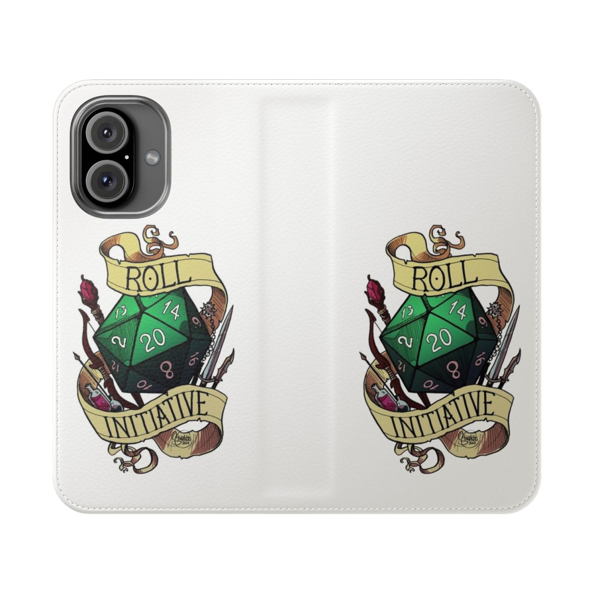 Flip cover phone case with a tabletop gaming-inspired design featuring a 20-sided die.