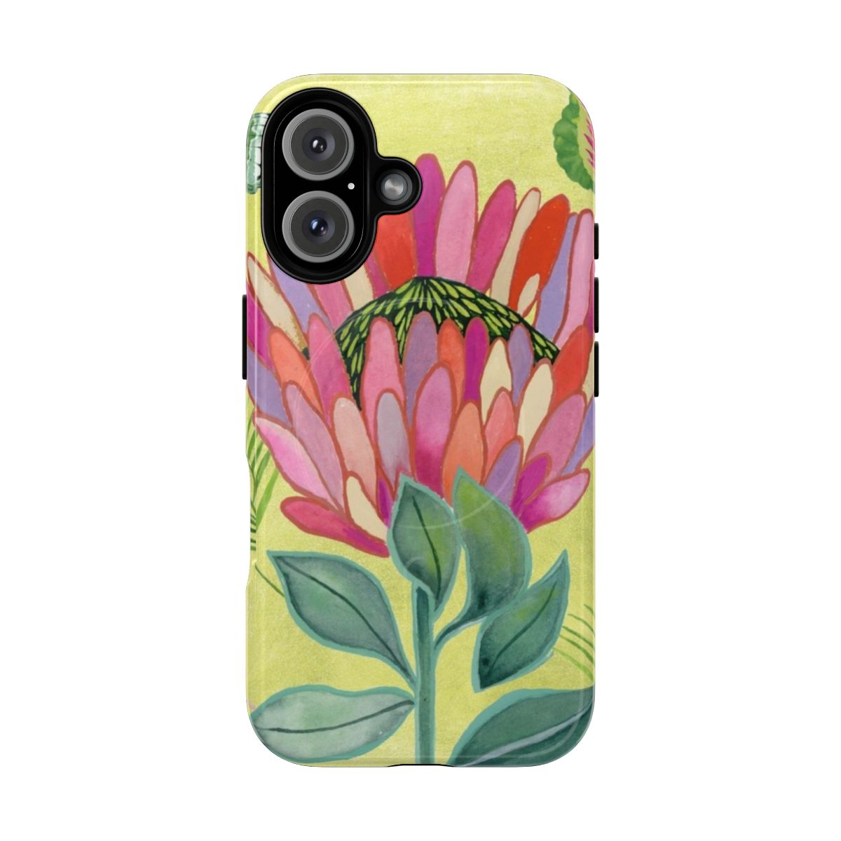 Closeup of a vibrant protea flower surrounded by tropical leaves and butterflies on a phone case