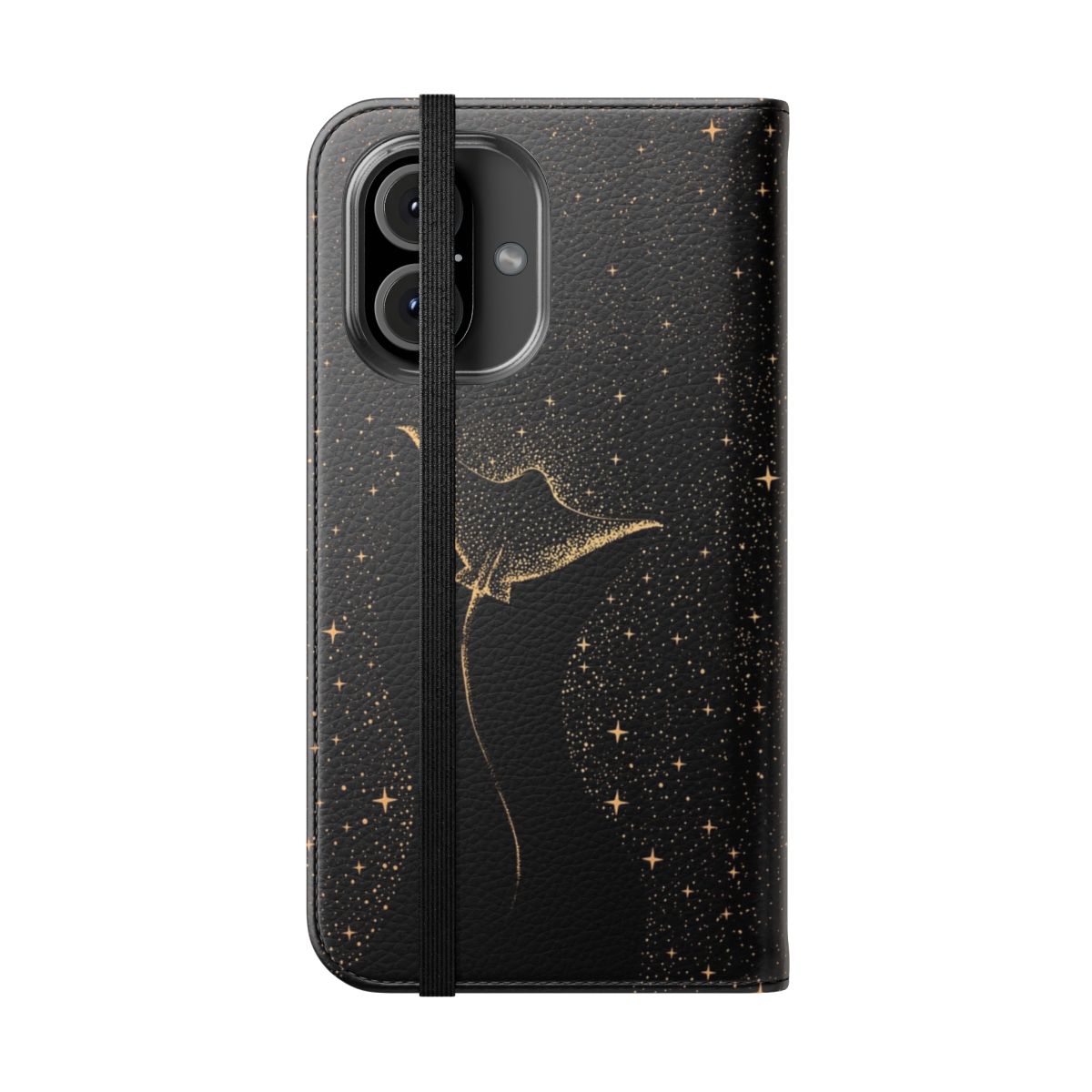 A dark gold flip cover phone case with a surreal space-themed design featuring spotted eagle rays, stingrays, and sharks swimming among the stars. - Folded Front