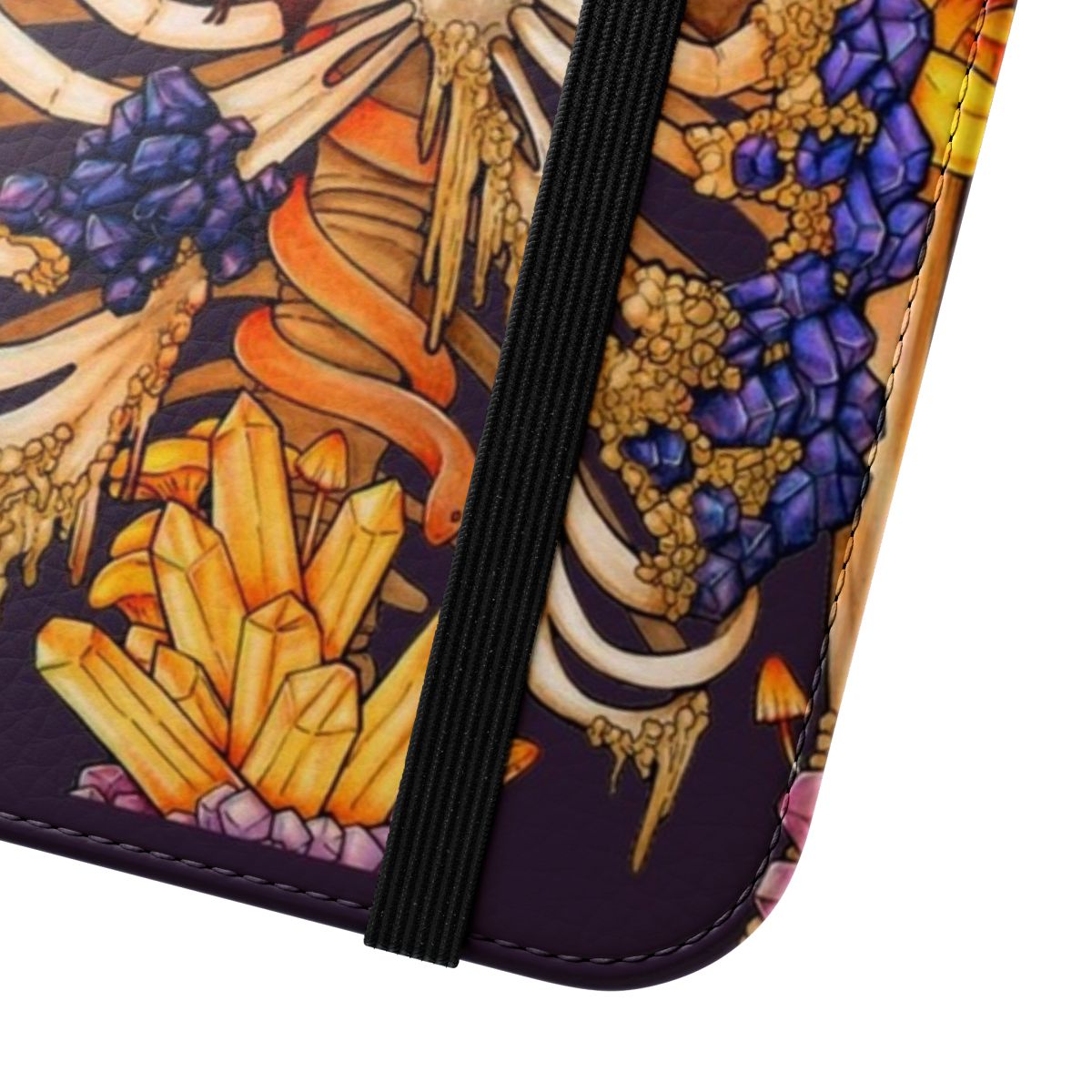 Flip cover phone case with a hidden gem design featuring gothic, occult, and mystical elements - Close Up