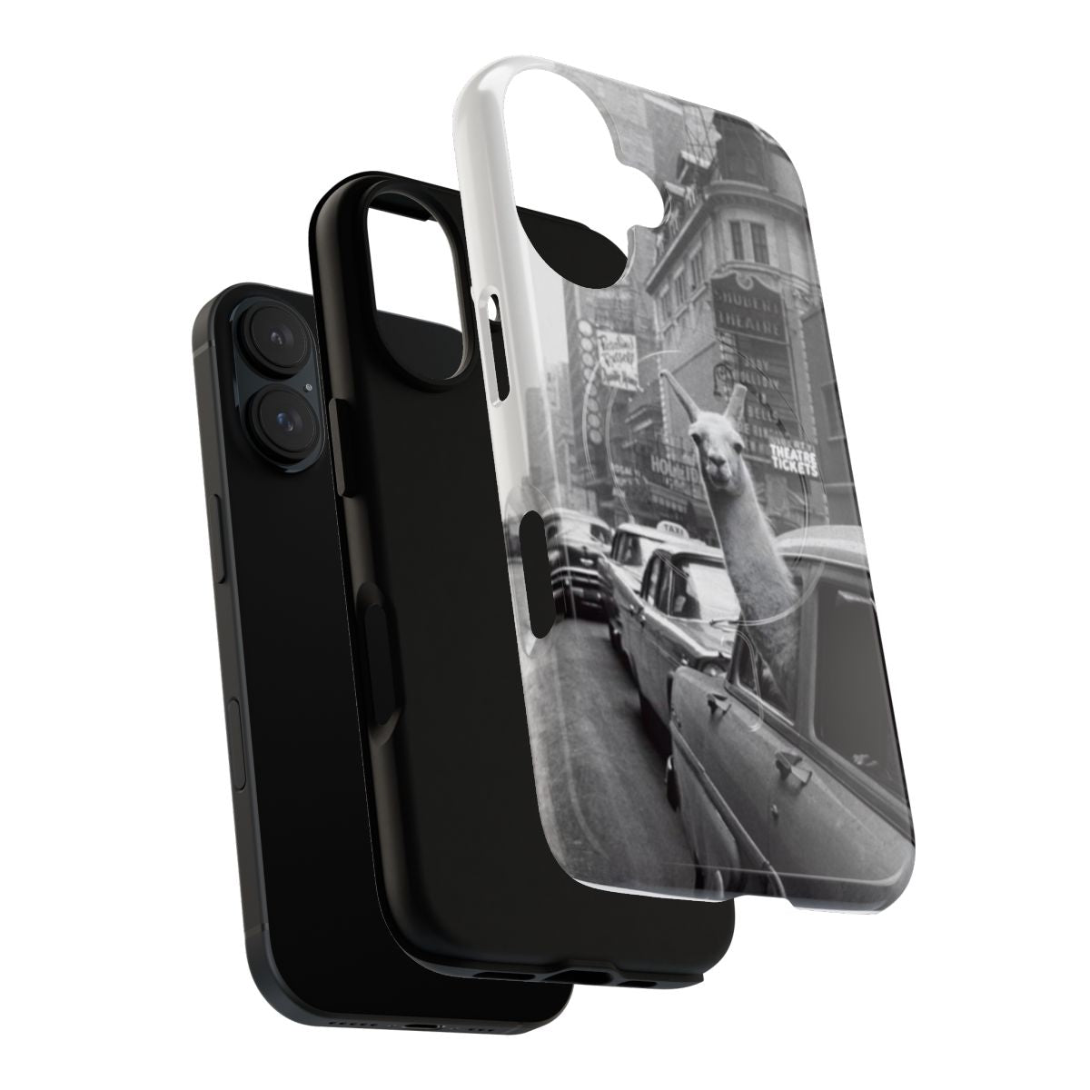 A black and white phone case featuring a llama design, perfect for New York enthusiasts. - Layers