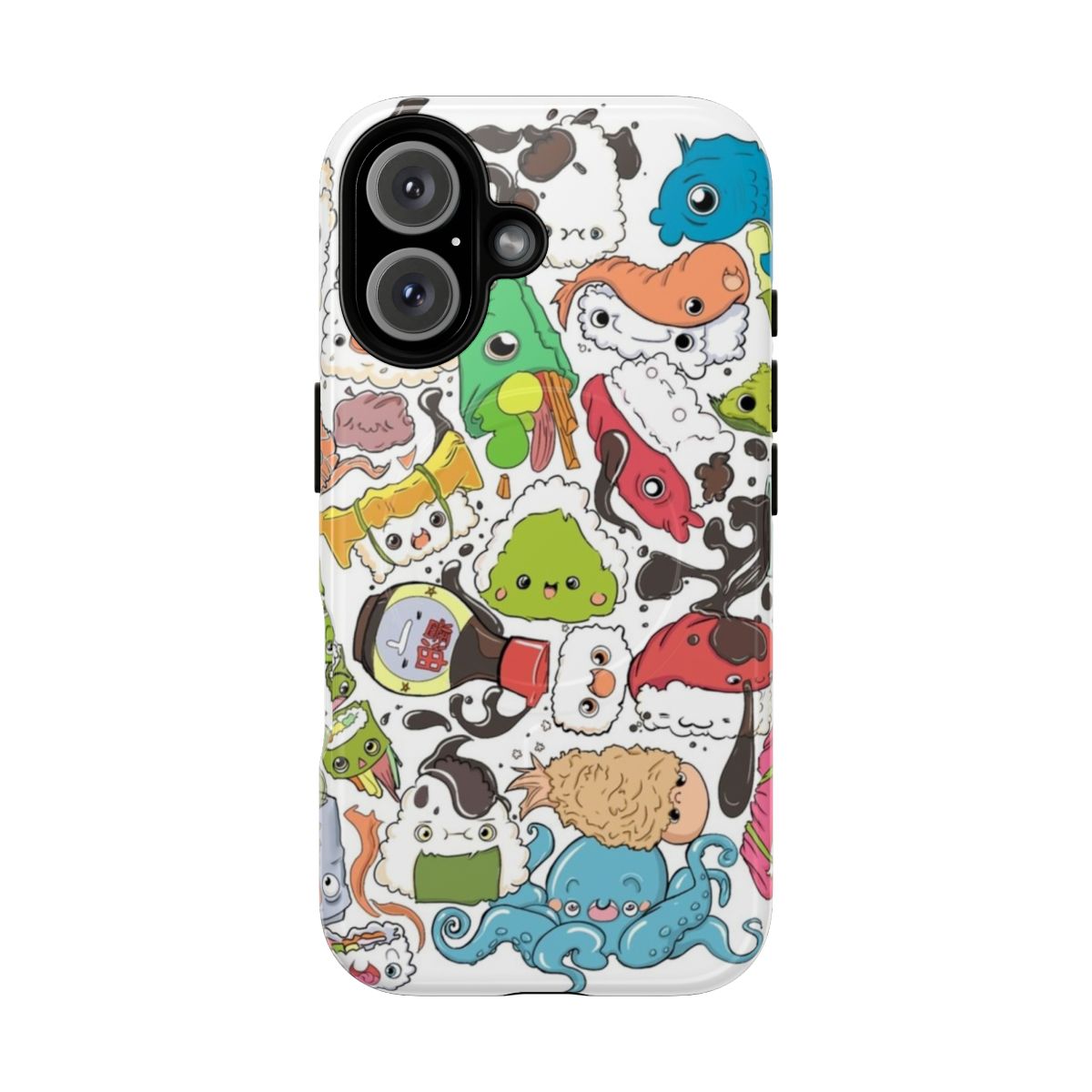 Vibrant anime-style illustration of sushi, ginger, and green tea on a protective phone case