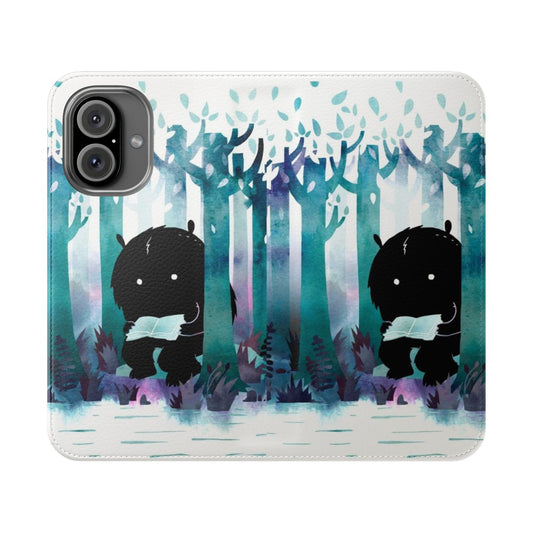 Flip cover phone case with a whimsical, nature-inspired watercolor design featuring monsters, books, and forest elements.