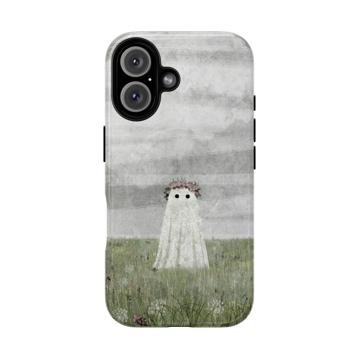 Whimsical phone case featuring a ghostly figure in a lush, floral meadow