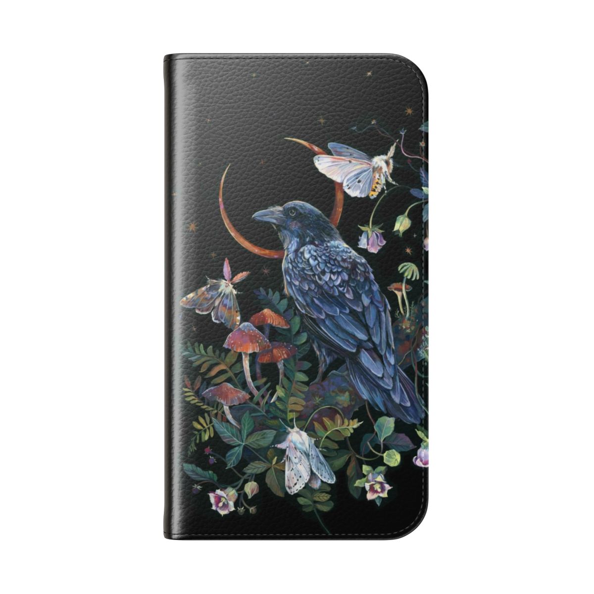 Flip phone case featuring a whimsical moon, raven, and nature-inspired design - Folded Back