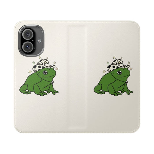 Whimsical frog wearing a cowboy hat on a vintage-style flip phone case