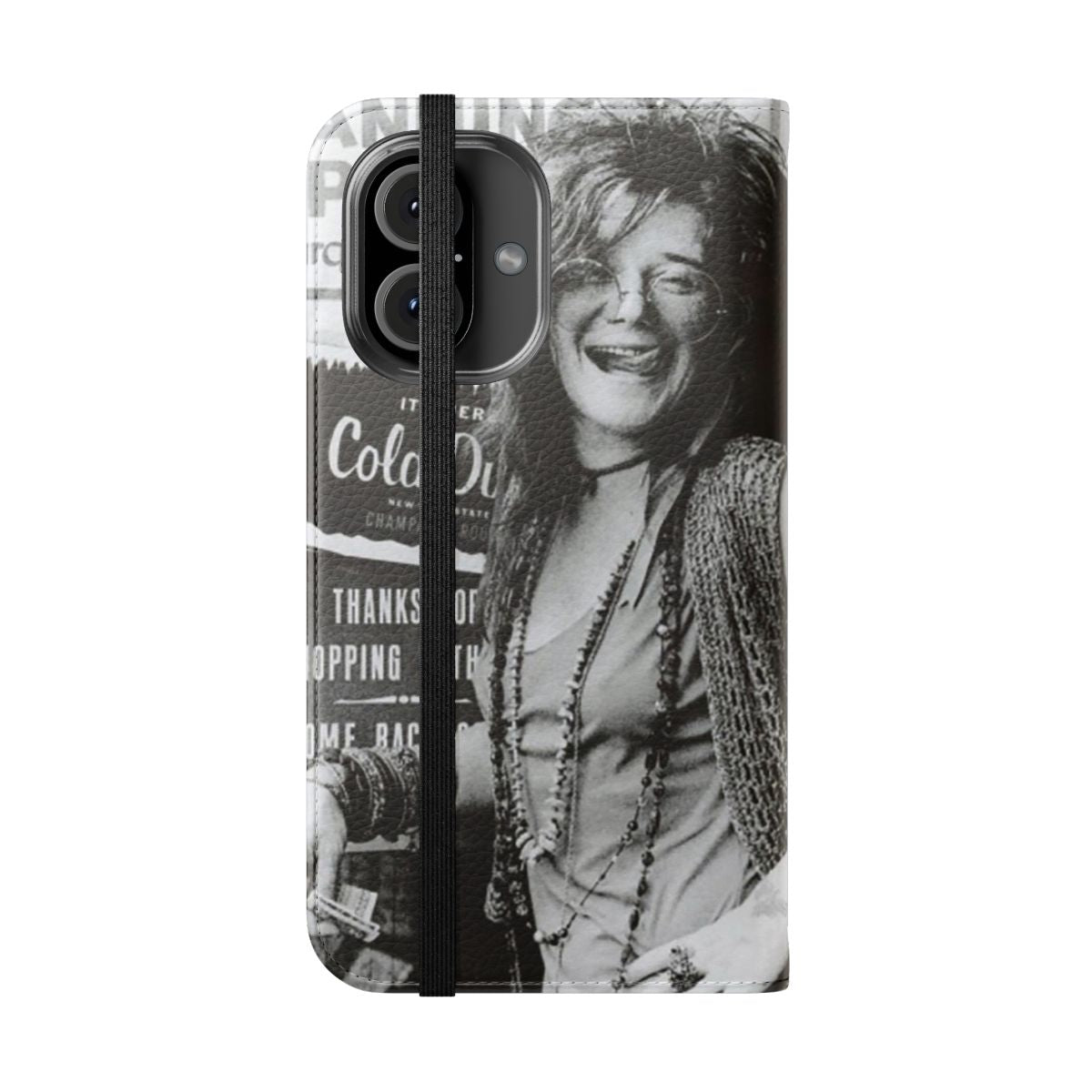 Flip cover phone case featuring a vintage-inspired Janis Joplin design - Folded Front