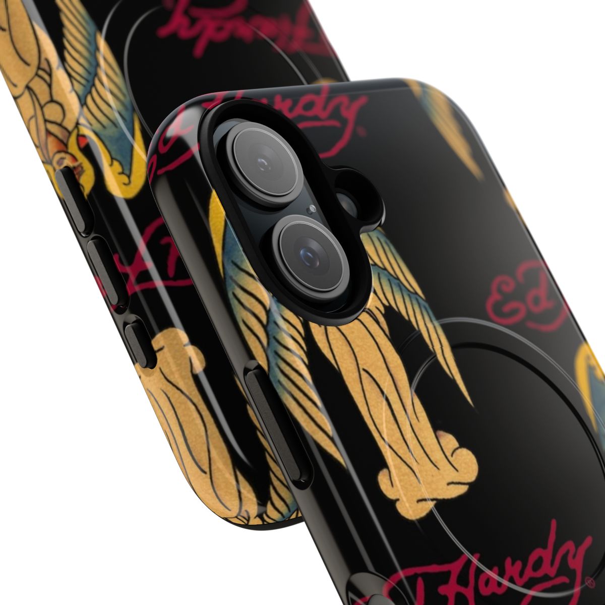 A red and black ed hardy-inspired angel phone case with a magnetic closure for protection. - Detail