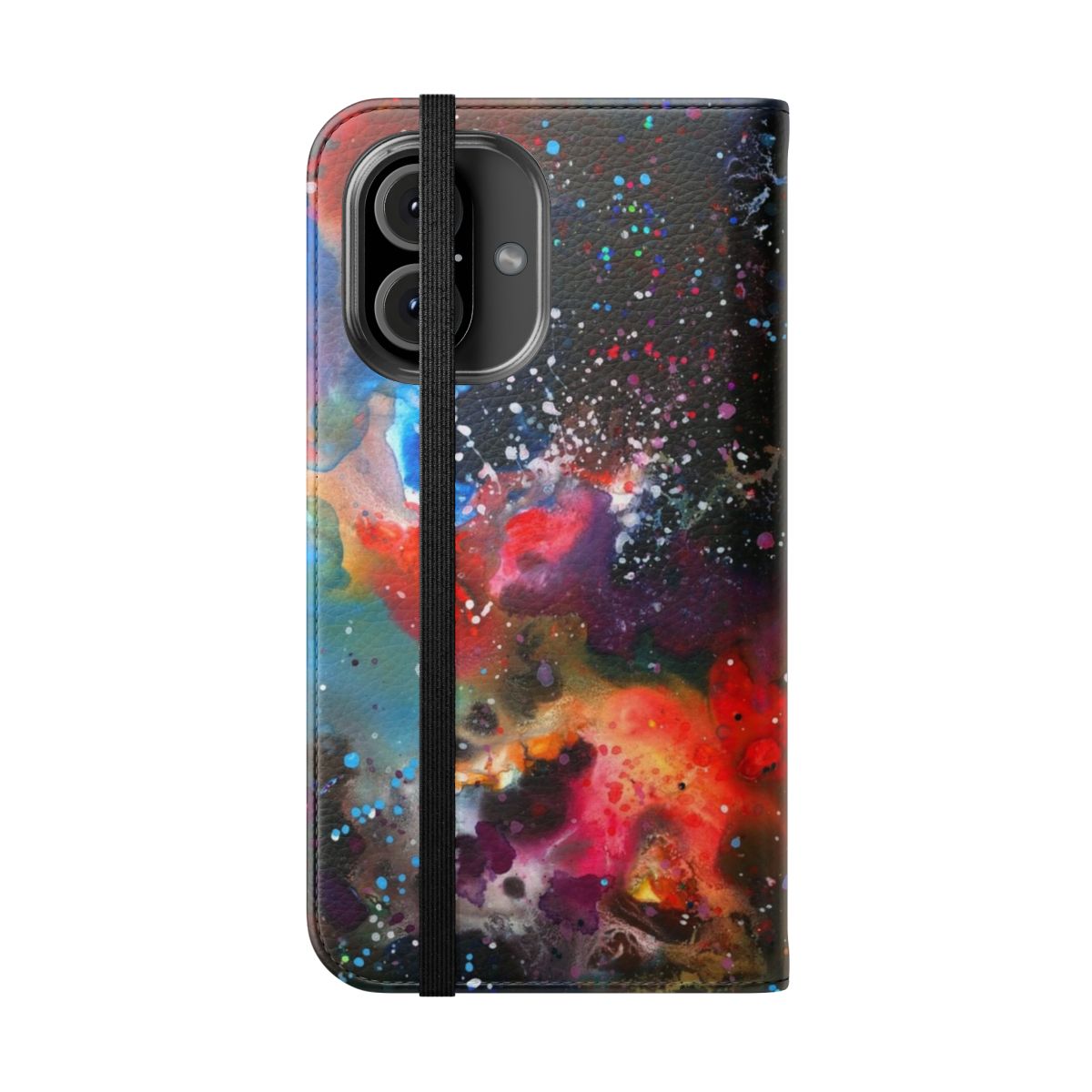 Colorful galaxy nebula pattern with glitter and abstract fluid shapes on a phone case. - Folded Front