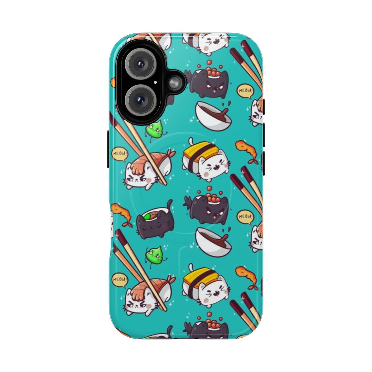 Vibrant and playful phone case featuring illustrated sushi cats in a kawaii pattern.