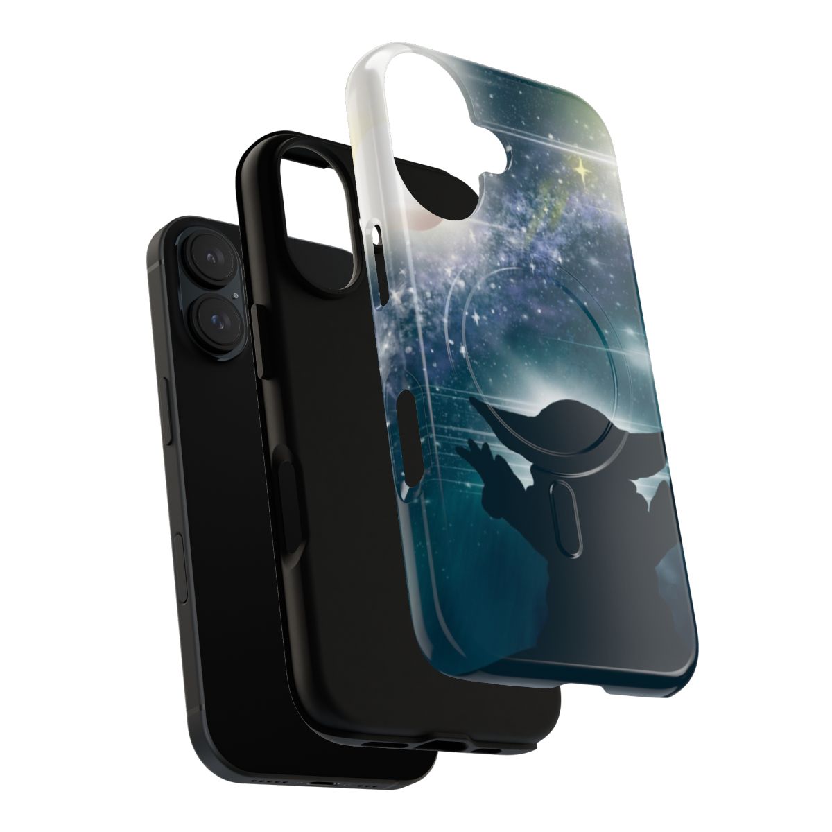 A phone case featuring a silhouetted child gazing up at a starry night sky. - Layers