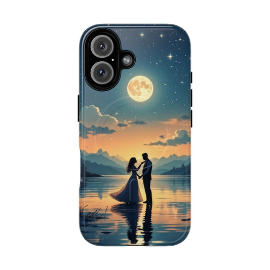 Stunning 3D image of a couple dancing under the starry night sky, with a shimmering lake reflecting the moonlight.