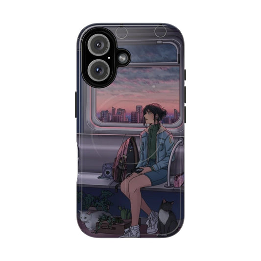 Artistic magnetic phone case with painted sky, city, and nature designs