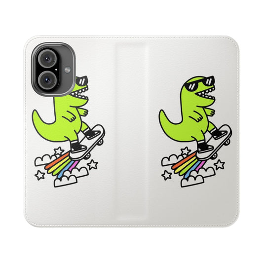 Colorful flip phone case featuring a playful Tyrannosaurus Rex design with skateboard, cloud, and star elements