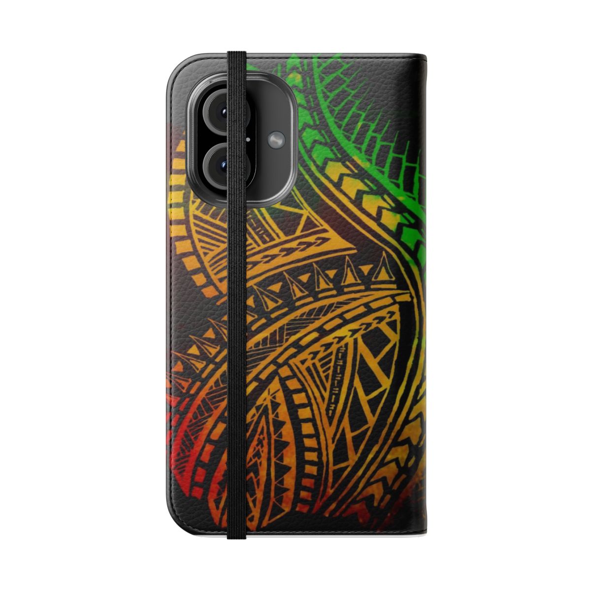 Polynesian tribal inspired flip cover phone case with bold and colorful tribal patterns - Folded Front