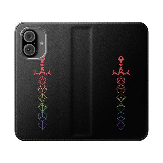 Vibrant rainbow dice-themed flip phone case for tabletop RPG fans