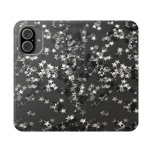 Minimalist phone case with a night sky pattern in gray, black, and glitter