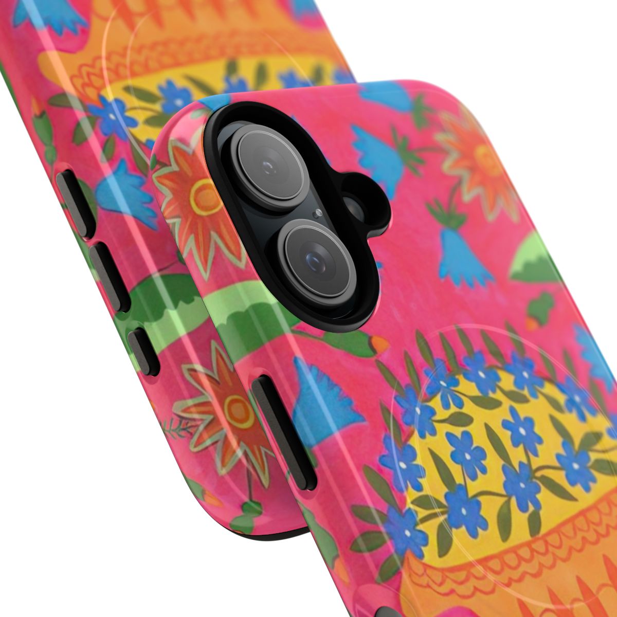 Phone case featuring the surreal and symbolic artwork of Ukrainian artist Maria Prymachenko, showcasing vibrant colors, mythical creatures, and floral patterns. - Detail