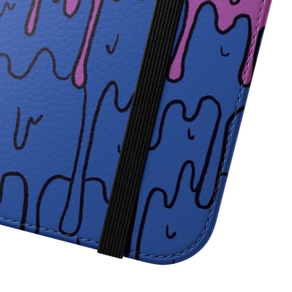 A stylish and colorful phone case featuring a melting, pastel-colored, kawaii design with bisexual pride elements. - Close Up