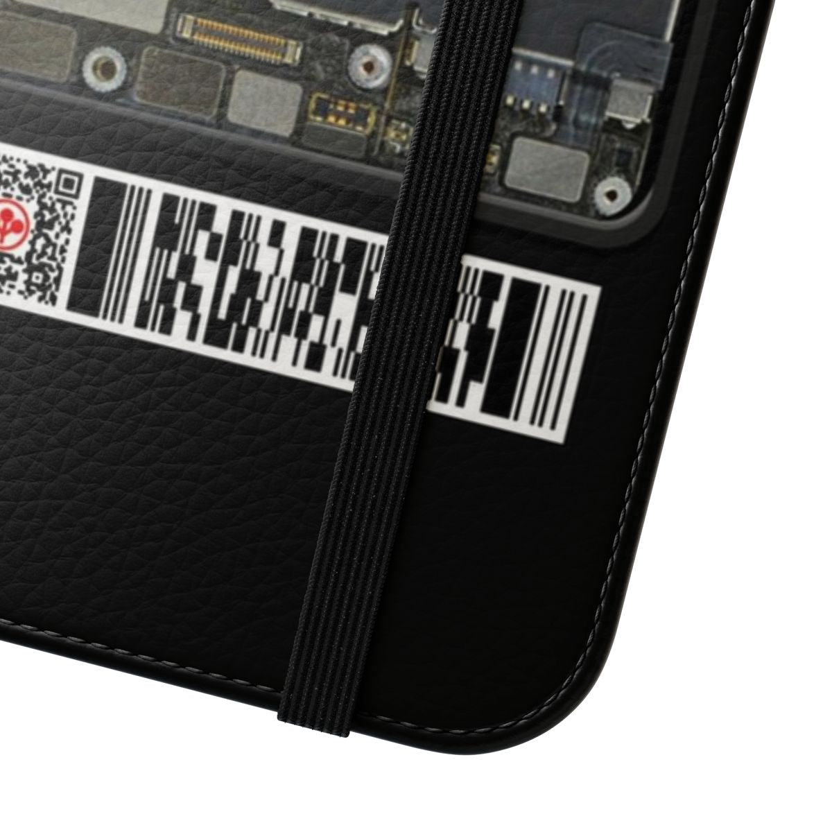 Cyberpunk-inspired flip cover phone case with Arasaka corporate logo - Close Up