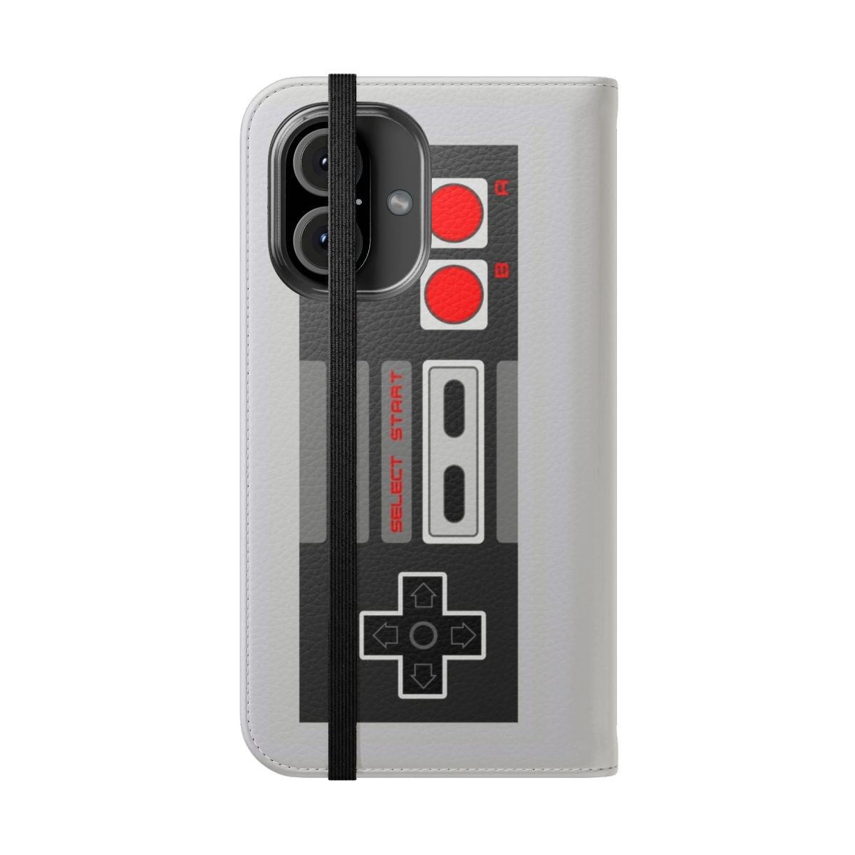 8-bit retro gaming-inspired phone case with a flip cover featuring a classic game controller design - Folded Front