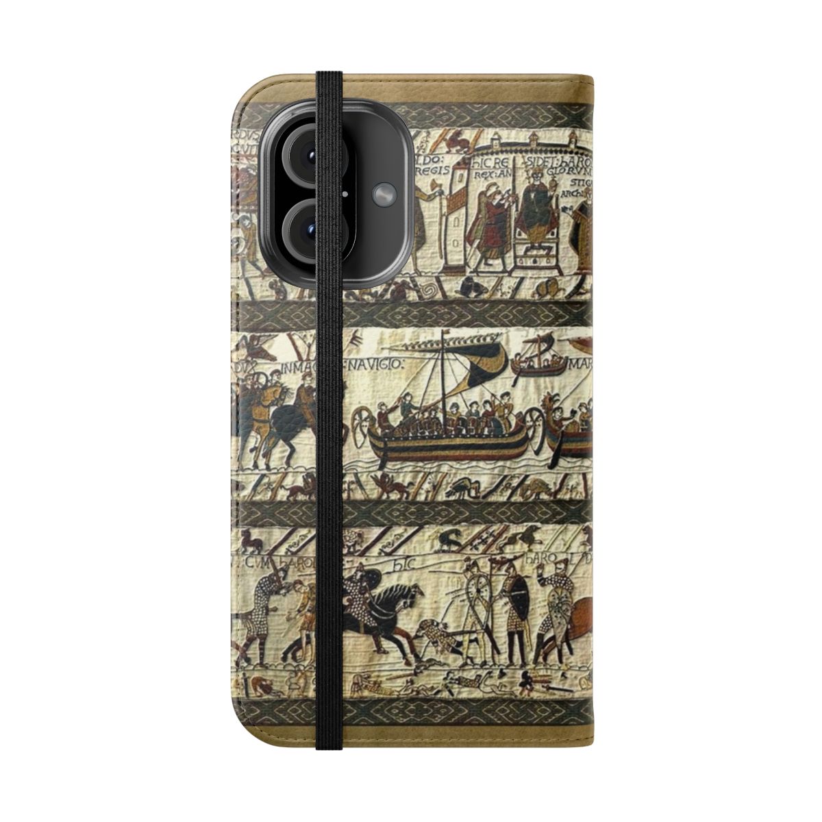 Flip cover phone case featuring a medieval-inspired design inspired by the Bayeux Tapestry - Folded Front