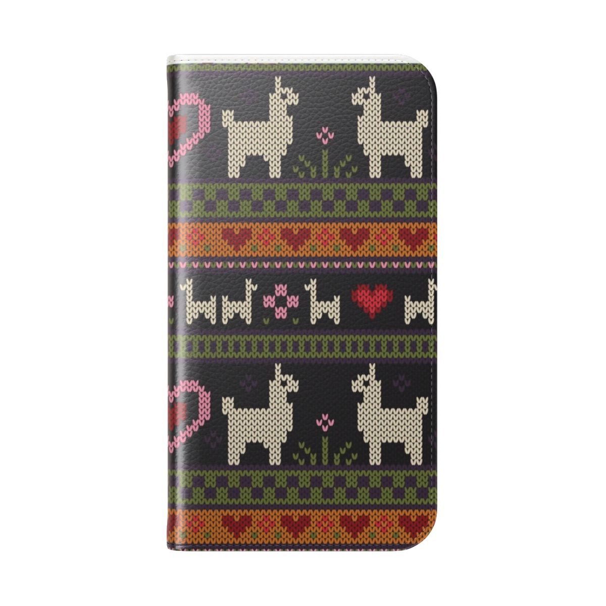 A stylish and cozy knit-style phone case featuring a cute llama or alpaca design. - Folded Back