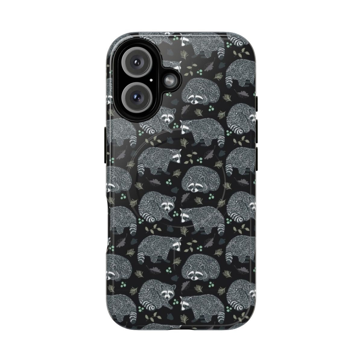 Raccoon pattern magnetic tough phone case with a repeat design of woodland creatures