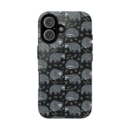 Raccoon pattern magnetic tough phone case with a repeat design of woodland creatures