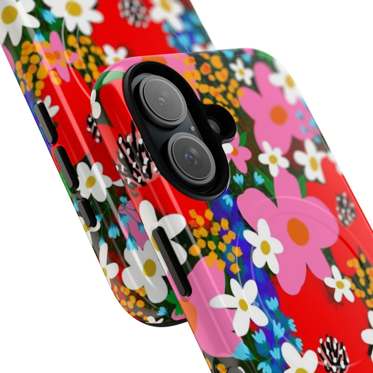 Vibrant floral pattern design on a durable, magnetic phone case - Detail