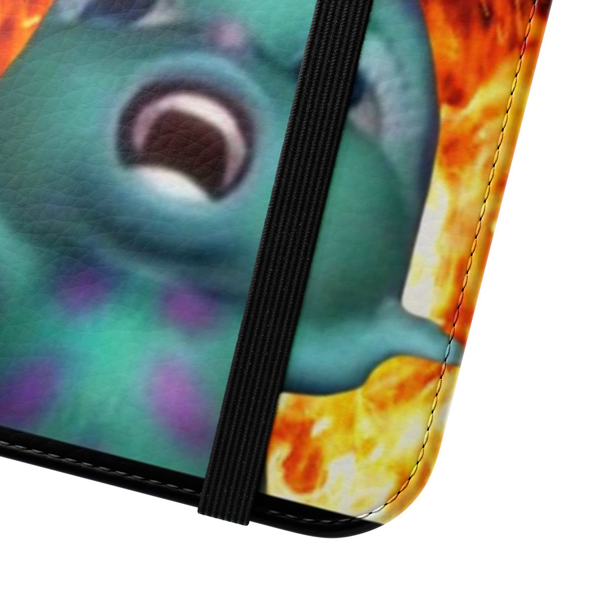 "Vibrant flip cover phone case featuring the 'Bibble on Fire' meme design" - Close Up