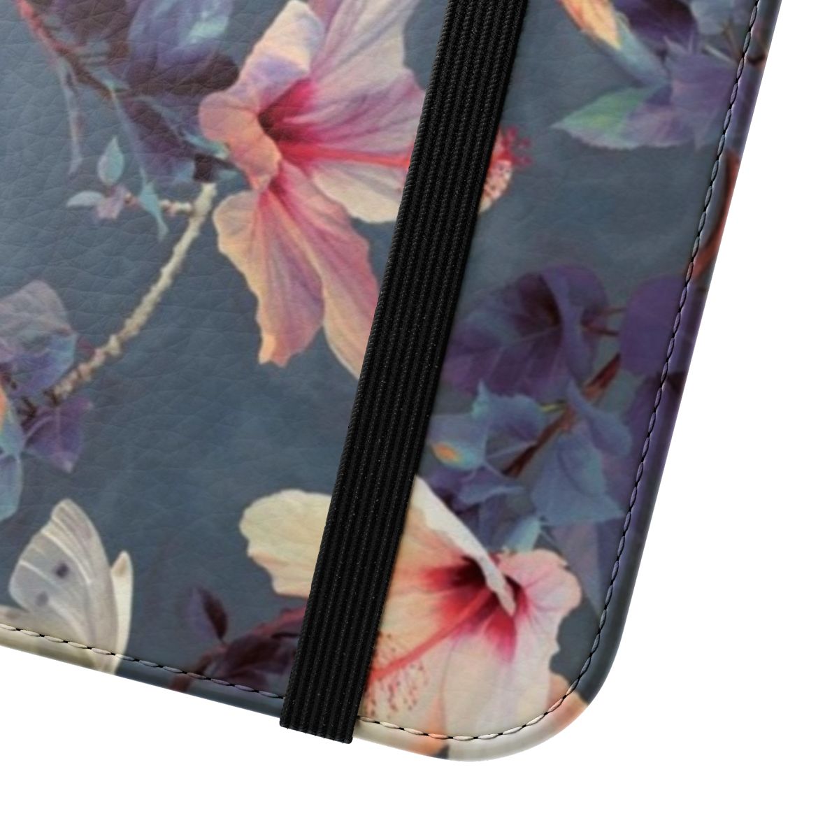 Painted pattern of butterflies and hibiscus flowers on a phone case cover - Close Up