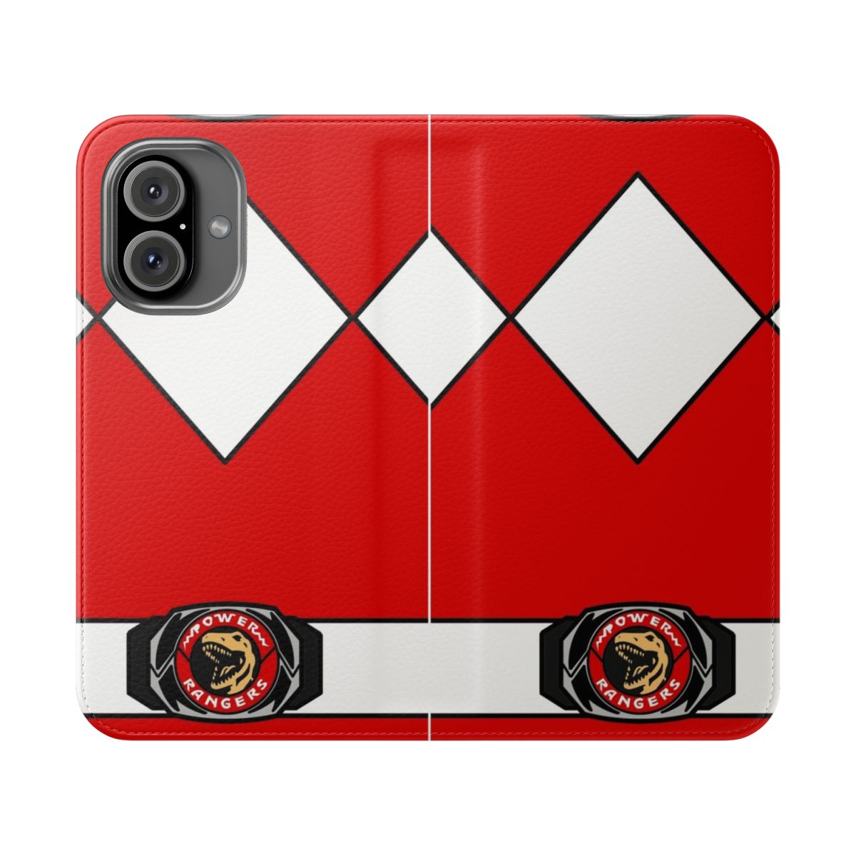 Red phone case with a Tyrannosaurus design, perfect for Power Rangers enthusiasts.