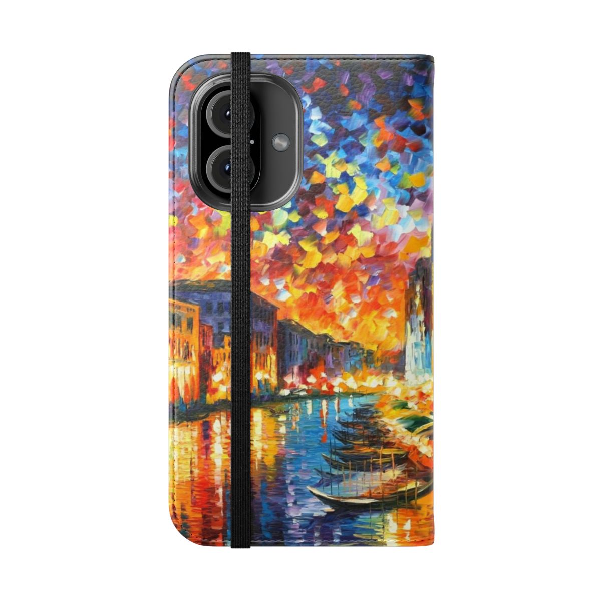 Colorful flip phone case featuring a Leonid Afremov-inspired cityscape of the iconic Venice canals - Folded Front