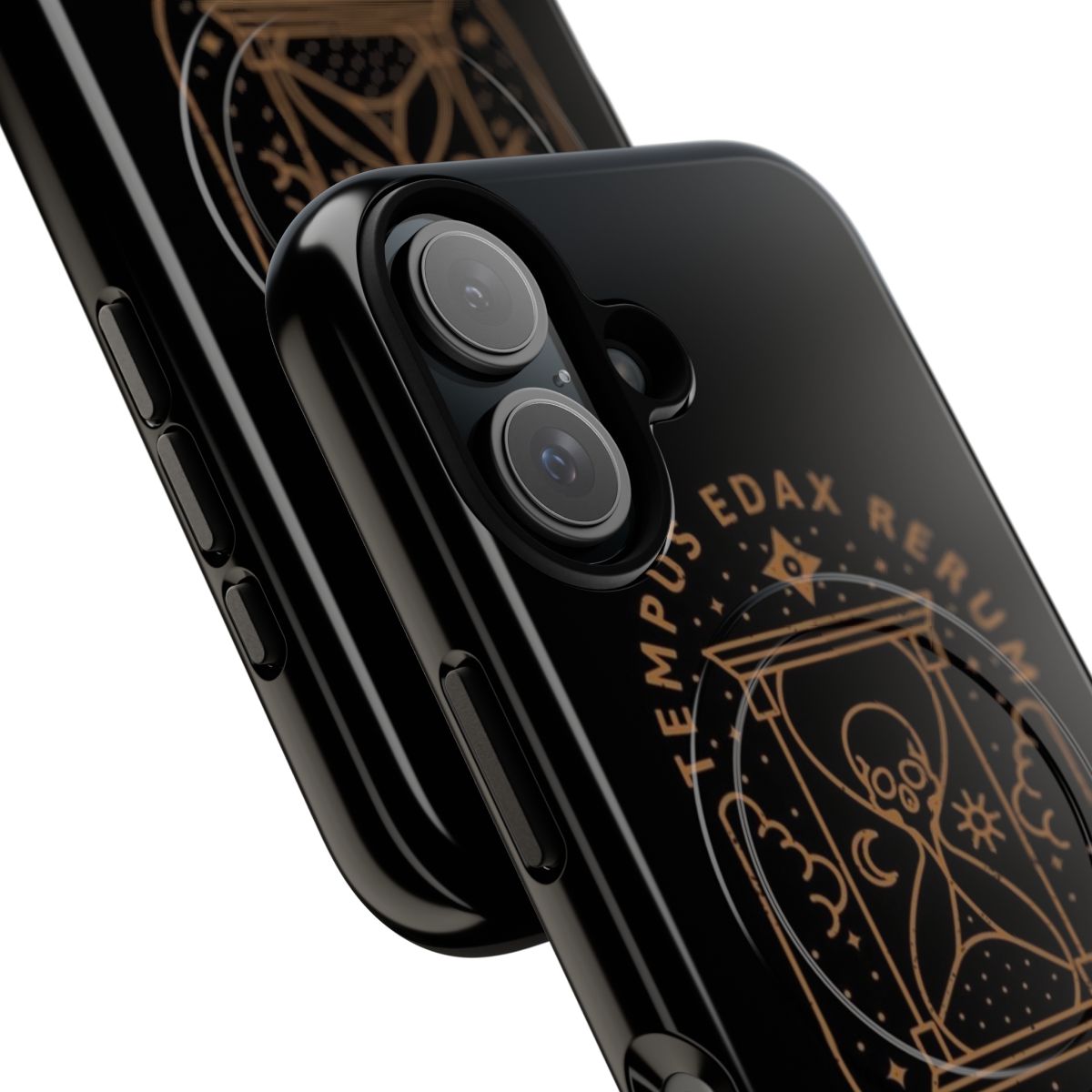 Tempus Edax Rerum magnetic tough phone case with hourglass, compass rose, and day and night symbols - Detail