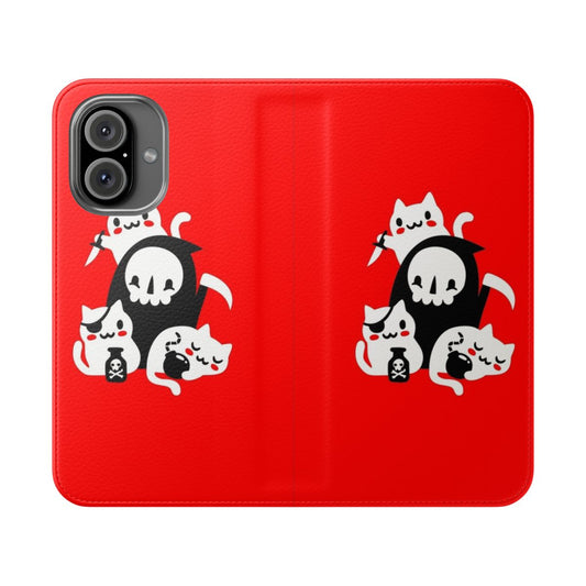 Flip phone case featuring a grim reaper and kitten in a spooky, gothic design