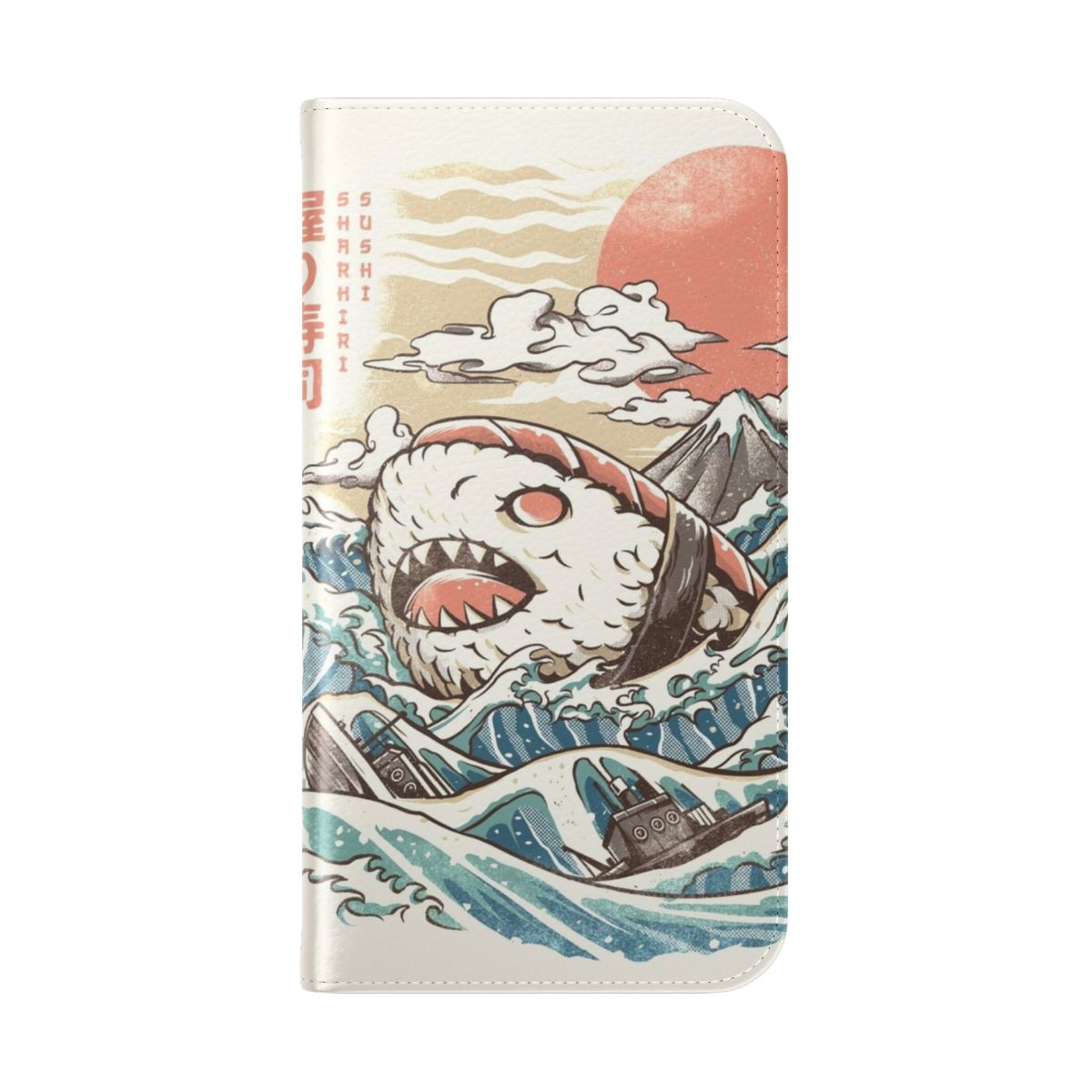 Sharkiri Sushi Flip Cover Phone Case featuring a vibrant illustration of sushi, waves, and a kaiju-inspired shark. - Folded Back