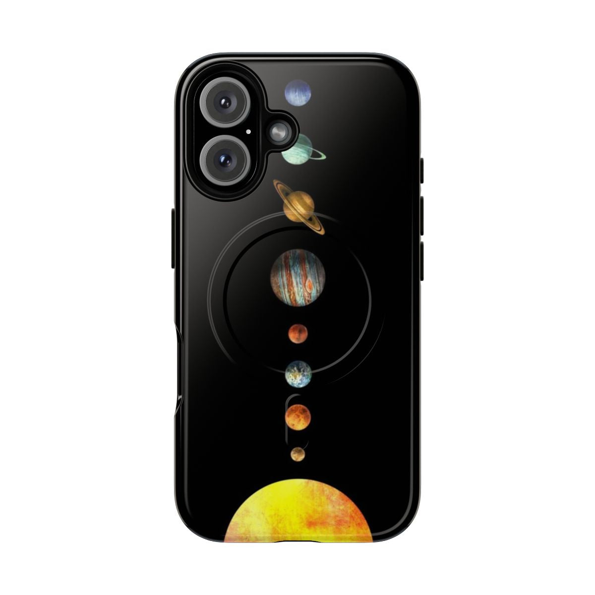 Colorful phone case featuring digital illustration of the solar system planets and galaxy by artist Terry Fan.