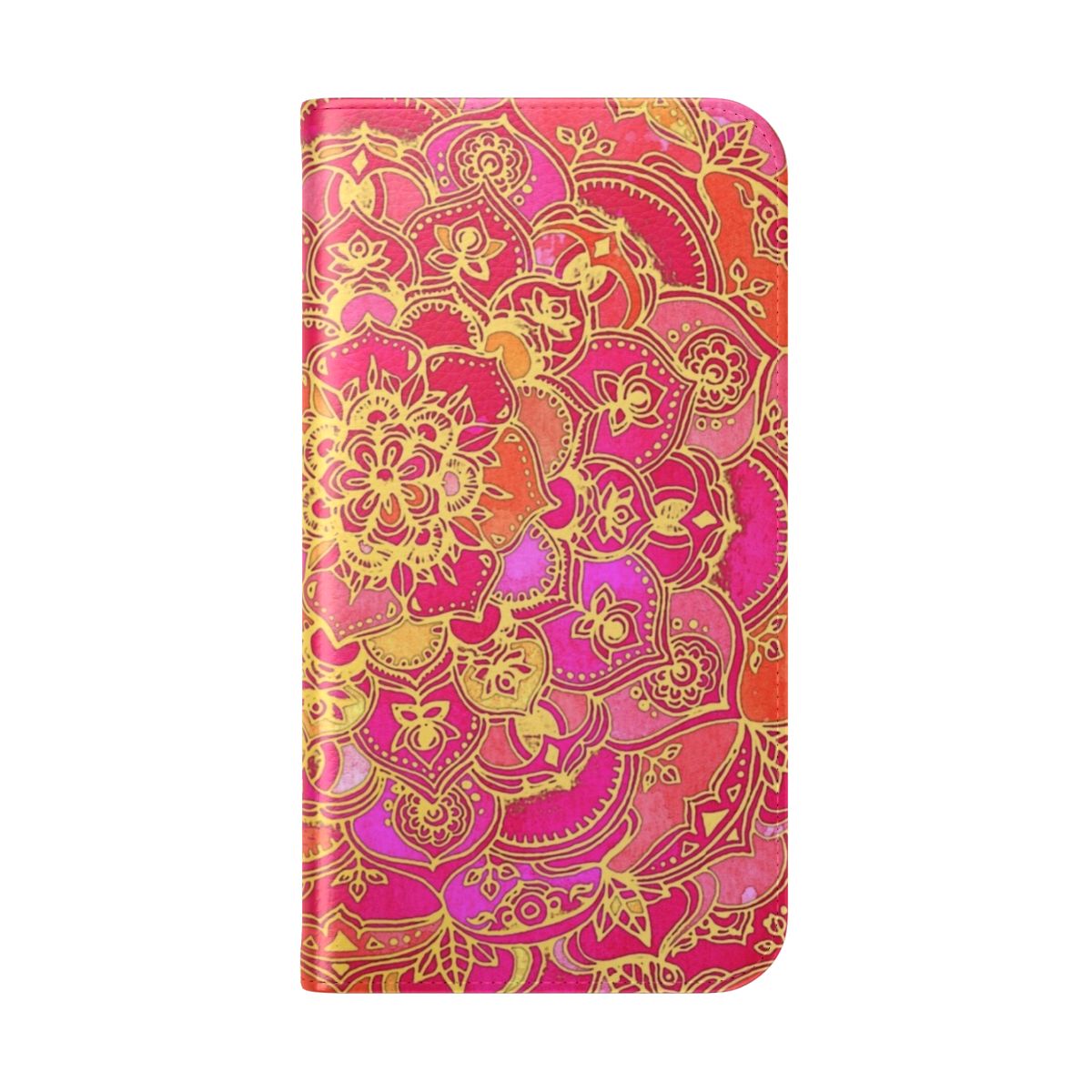 Closeup of a vibrant, bohemian-style floral phone case cover in shades of pink, gold, and orange. - Folded Back