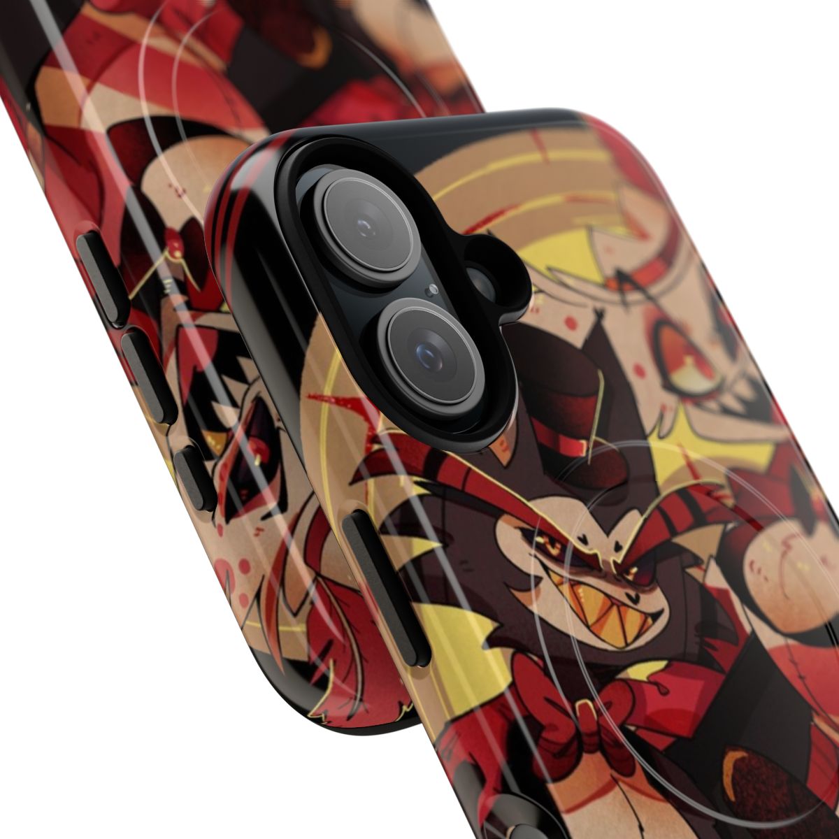 Magnetic tough phone case featuring the characters Angel Dust and Husk from the animated series Hazbin Hotel. - Detail