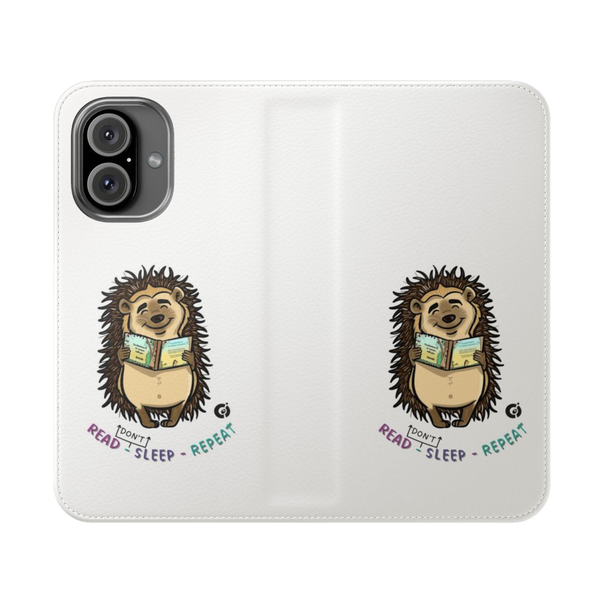 A flip cover phone case featuring a cute hedgehog character in a reading-inspired design.