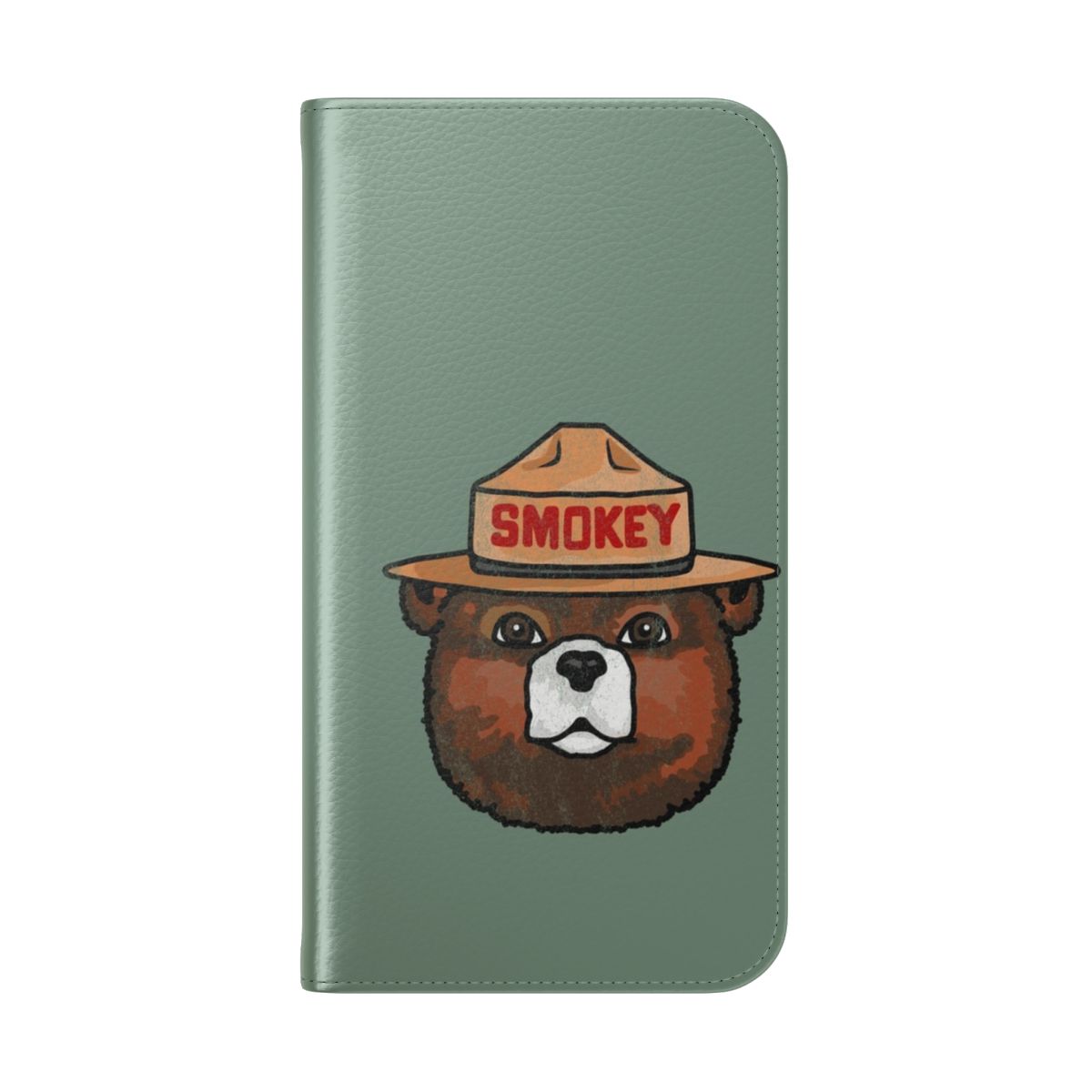 Distressed Smokey Bear-inspired artwork on a flip cover phone case - Folded Back