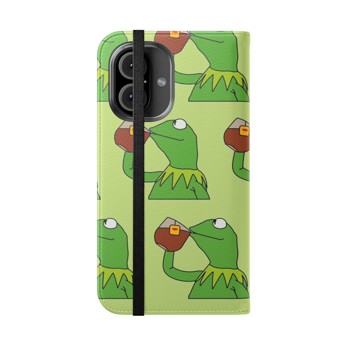 Flip phone case featuring Kermit the Frog sipping and spilling tea, a popular internet meme. - Folded Front