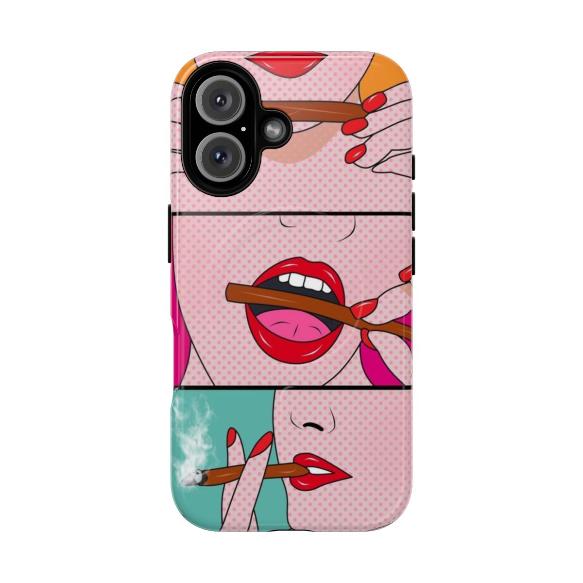 Colorful trippy illustration of a lady smoking a joint on a magnetic phone case