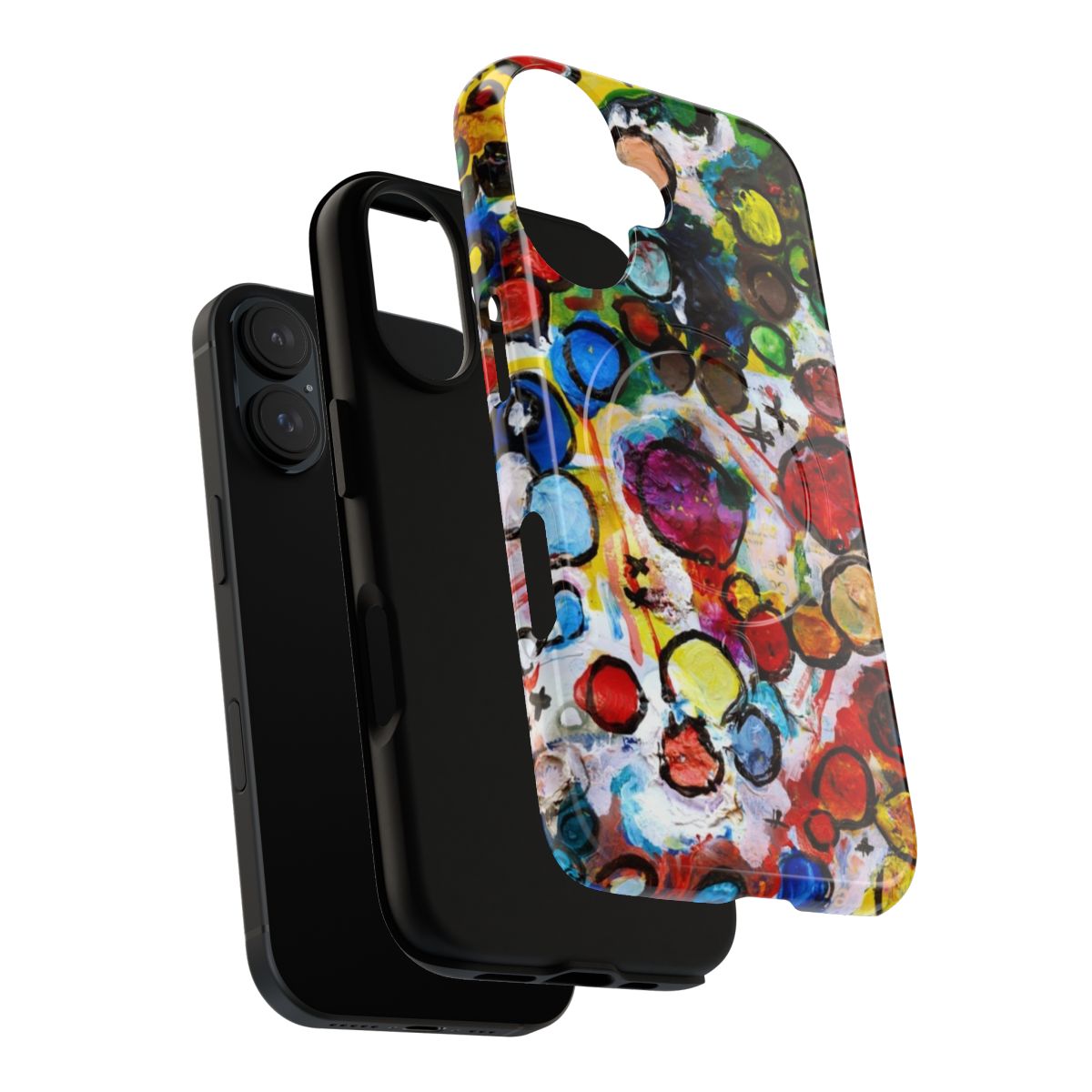 Closeup image of a vibrant, abstract phone case with a colorful, layered and textured design. - Layers