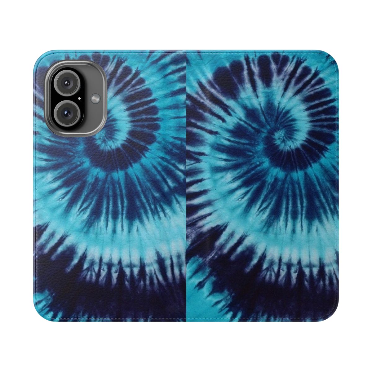 Blue tie-dye pattern on a flip cover phone case