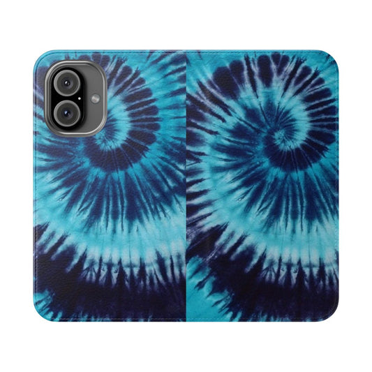 Blue tie-dye pattern on a flip cover phone case