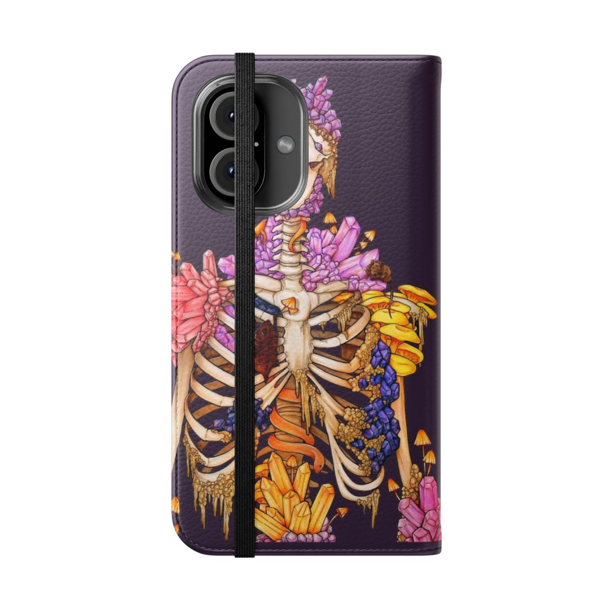 Flip cover phone case with a hidden gem design featuring gothic, occult, and mystical elements - Folded Front