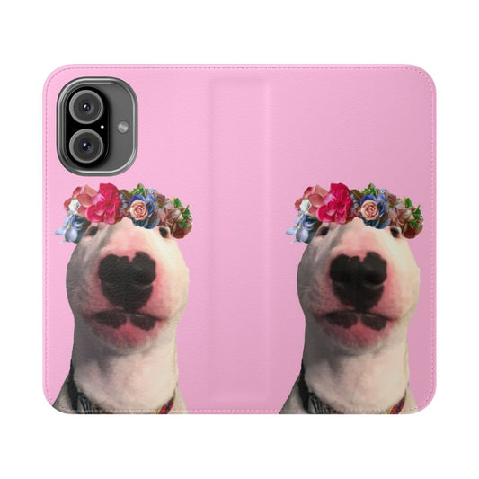 Vibrant flower-patterned phone case featuring a bull terrier design