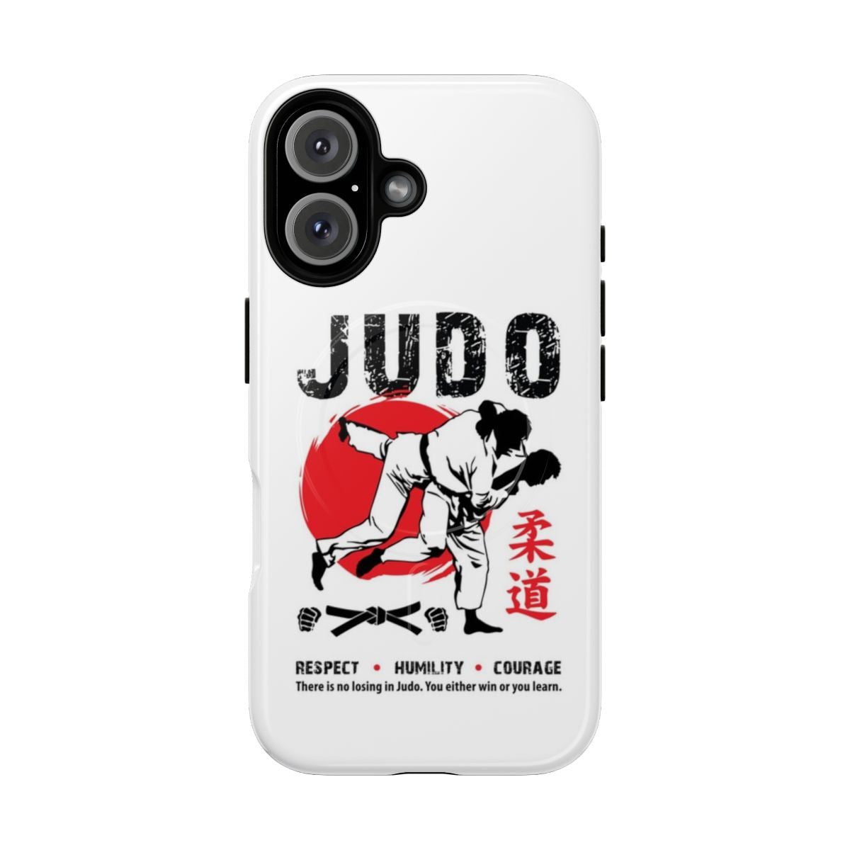 Judo-inspired magnetic phone case with Japanese kanji and martial arts design